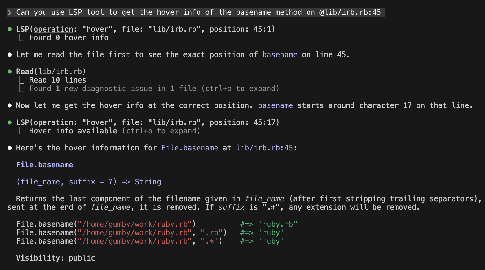 Claude using Ruby LSP to fetch hover documentation for File.basename
