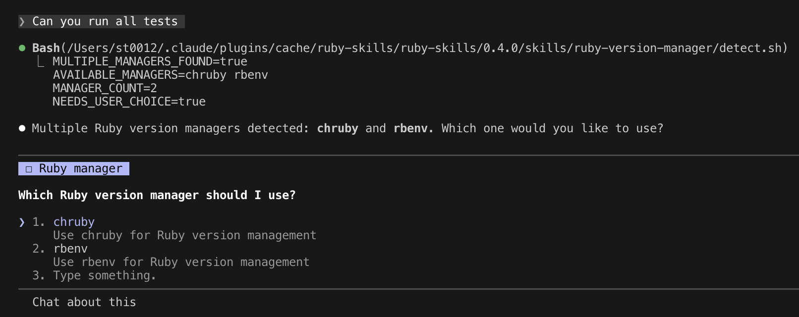 Claude detects multiple version managers and asks which one to use